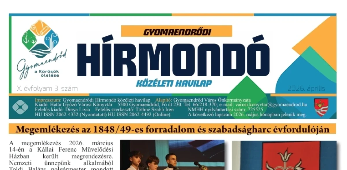 Megjelent a Gyomaendrődi Hírmondó 2026. áprilisi száma