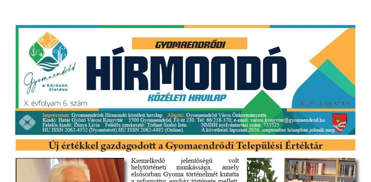 Megjelent a Gyomaendrődi Hírmondó 2026. augusztusi száma