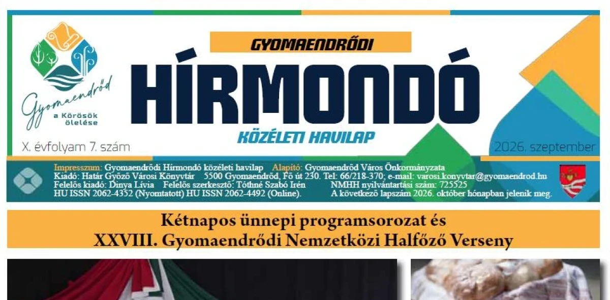Megjelent a Gyomaendrődi Hírmondó 2026. szeptemberi száma