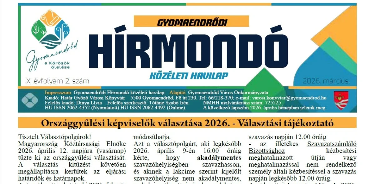 Megjelent a Gyomaendrődi Hírmondó 2026. márciusi száma